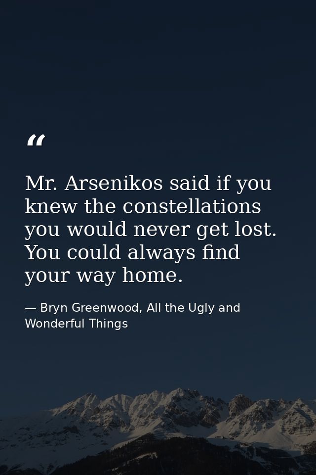Mr. Arsenikos said if you knew the constellations you would never get lost. You could always find your way home. — Bryn Greenwood, All the Ugly and Wonderful Things