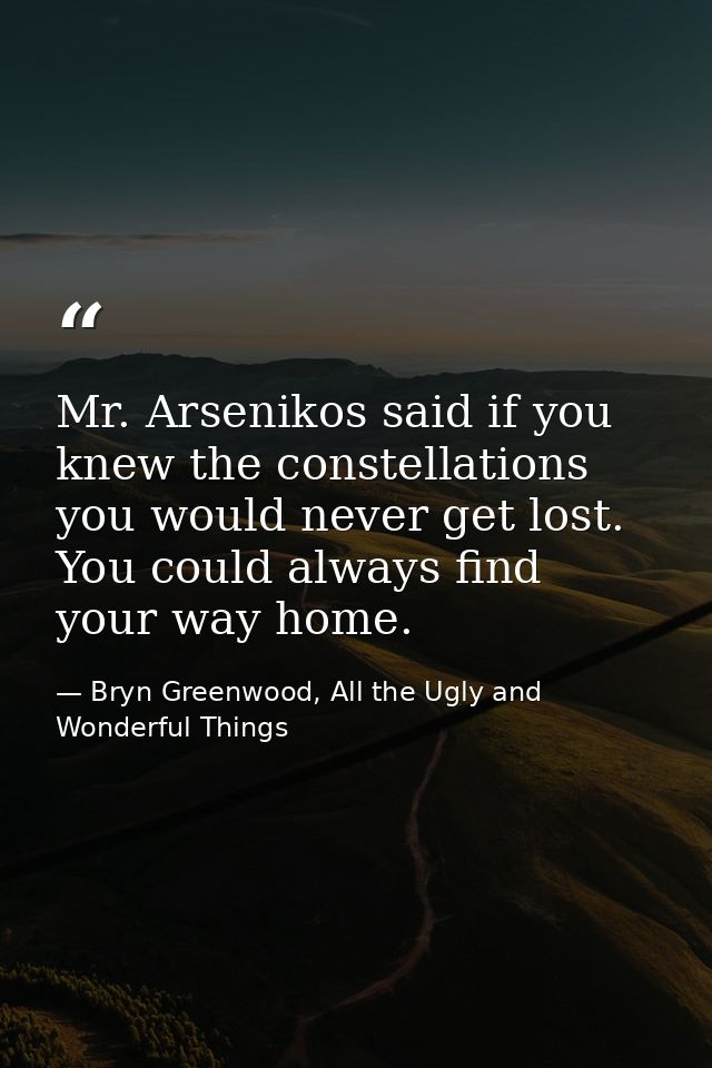 Mr. Arsenikos said if you knew the constellations you would never get lost. You could always find your way home. — Bryn Greenwood, All the Ugly and Wonderful Things