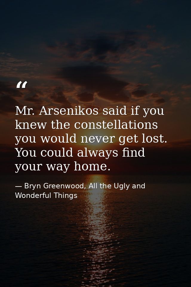 Mr. Arsenikos said if you knew the constellations you would never get lost. You could always find your way home. — Bryn Greenwood, All the Ugly and Wonderful Things