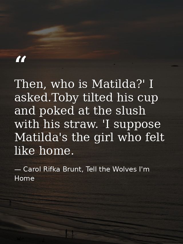 Then, who is Matilda?' I asked.Toby tilted his cup and poked at the slush with his straw. 'I suppose Matilda's the girl  — Carol Rifka Brunt, Tell the Wolves I'm Home