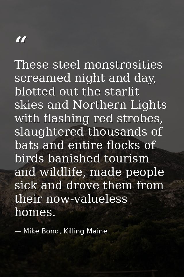 These steel monstrosities screamed night and day, blotted out the starlit skies and Northern Lights with flashing red st — Mike Bond, Killing Maine