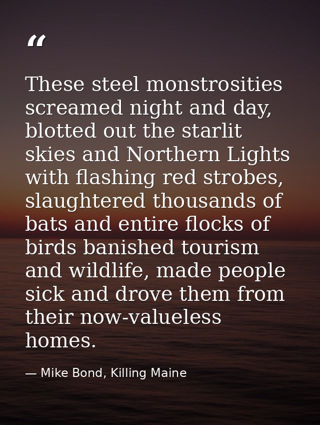These steel monstrosities screamed night and day, blotted out the starlit skies and Northern Lights with flashing red st — Mike Bond, Killing Maine