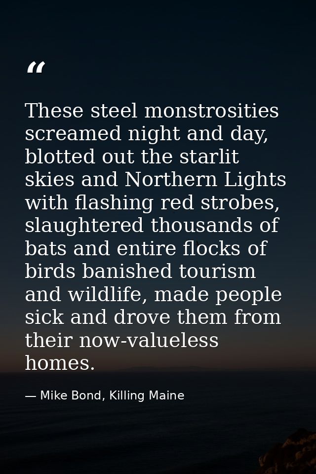 These steel monstrosities screamed night and day, blotted out the starlit skies and Northern Lights with flashing red st — Mike Bond, Killing Maine