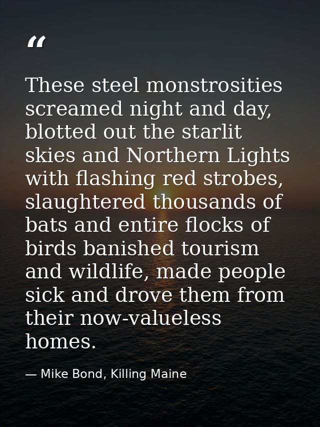 These steel monstrosities screamed night and day, blotted out the starlit skies and Northern Lights with flashing red st — Mike Bond, Killing Maine
