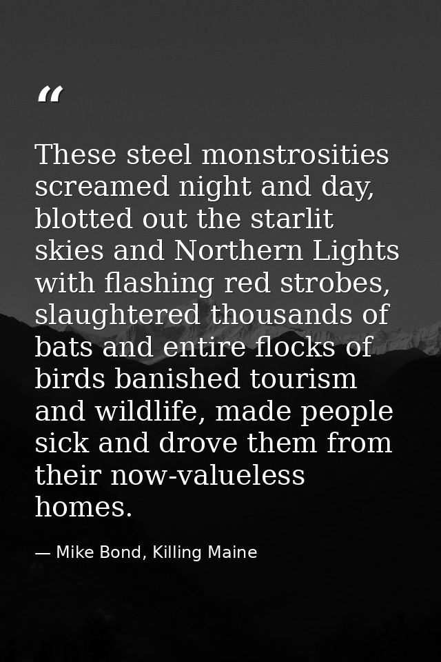 These steel monstrosities screamed night and day, blotted out the starlit skies and Northern Lights with flashing red st — Mike Bond, Killing Maine