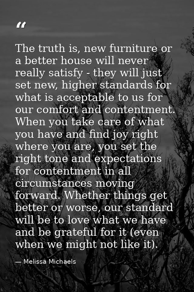 The truth is, new furniture or a better house will never really satisfy - they will just set new, higher standards for w — Melissa Michaels