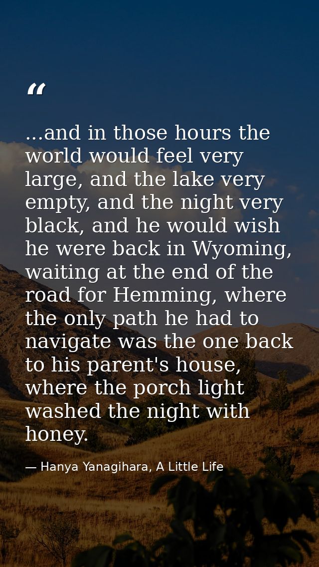 ...and in those hours the world would feel very large, and the lake very empty, and the night very black, and he would w — Hanya Yanagihara, A Little Life