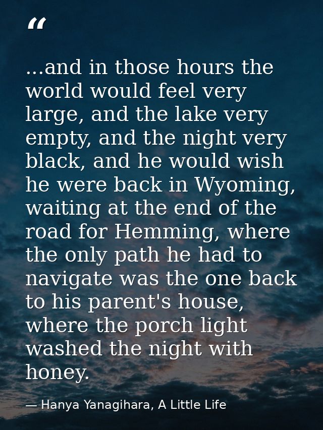 ...and in those hours the world would feel very large, and the lake very empty, and the night very black, and he would w — Hanya Yanagihara, A Little Life