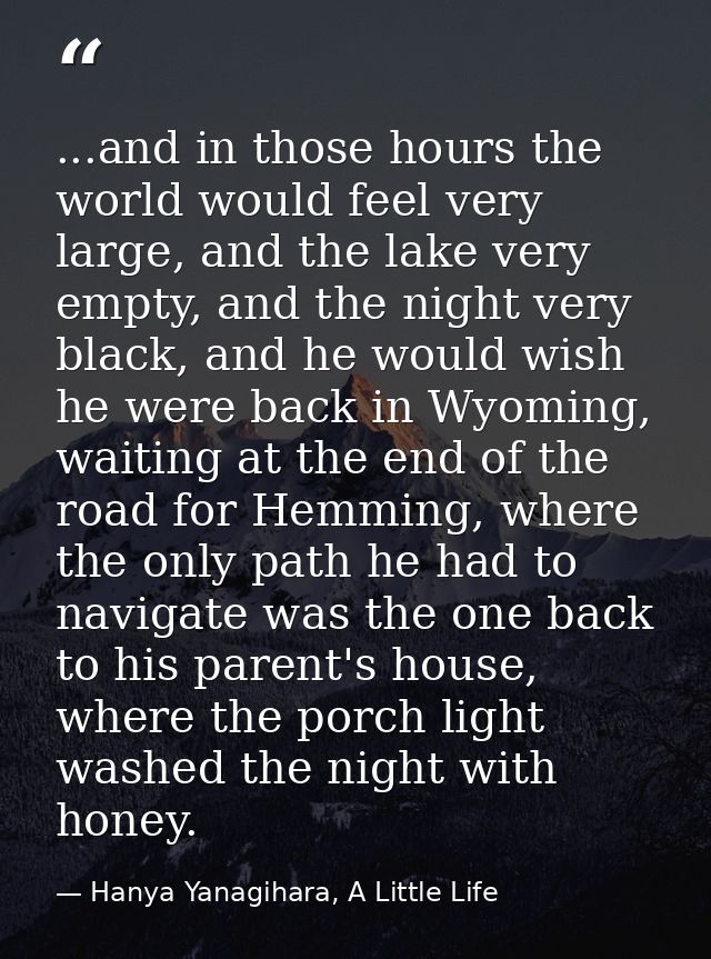 ...and in those hours the world would feel very large, and the lake very empty, and the night very black, and he would w — Hanya Yanagihara, A Little Life