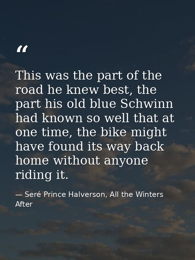 This was the part of the road he knew best, the part his old blue Schwinn had known so well that at one time, the bike m — Seré Prince Halverson, All the Winters After