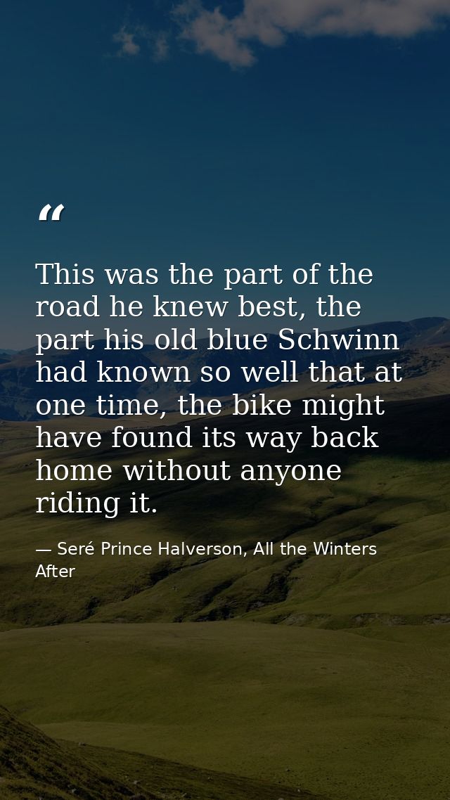 This was the part of the road he knew best, the part his old blue Schwinn had known so well that at one time, the bike m — Seré Prince Halverson, All the Winters After