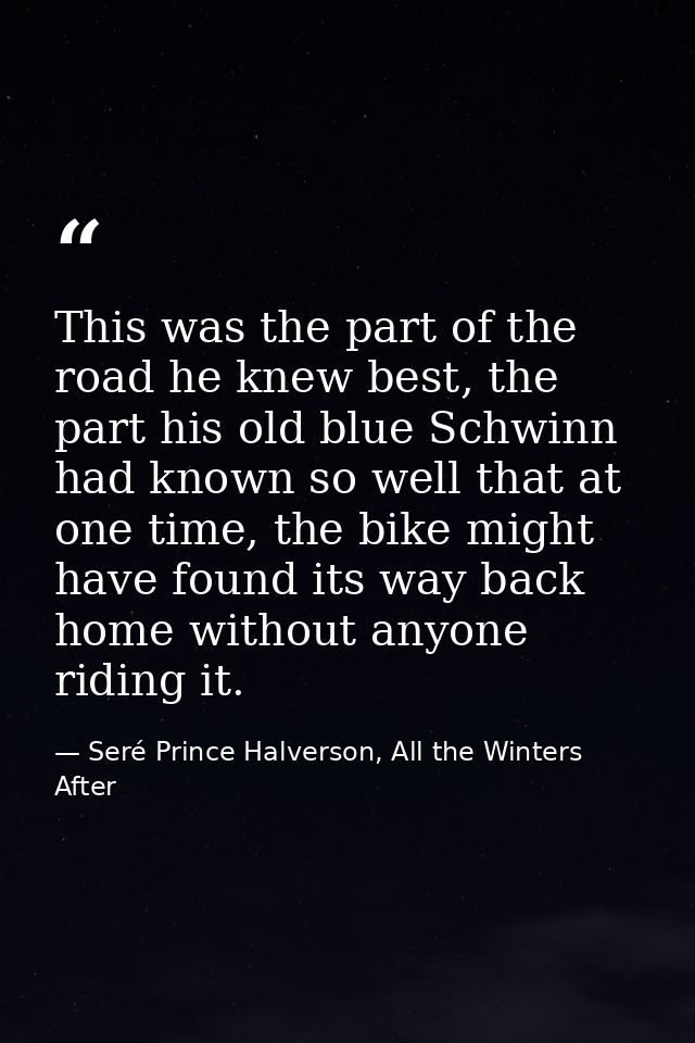 This was the part of the road he knew best, the part his old blue Schwinn had known so well that at one time, the bike m — Seré Prince Halverson, All the Winters After