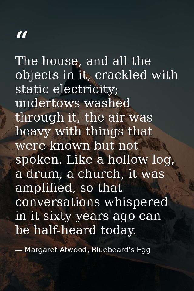 The house, and all the objects in it, crackled with static electricity; undertows washed through it, the air was heavy w — Margaret Atwood, Bluebeard's Egg