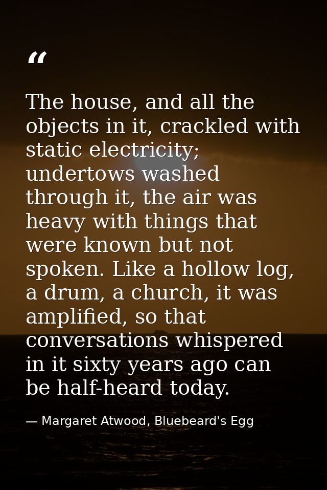 The house, and all the objects in it, crackled with static electricity; undertows washed through it, the air was heavy w — Margaret Atwood, Bluebeard's Egg
