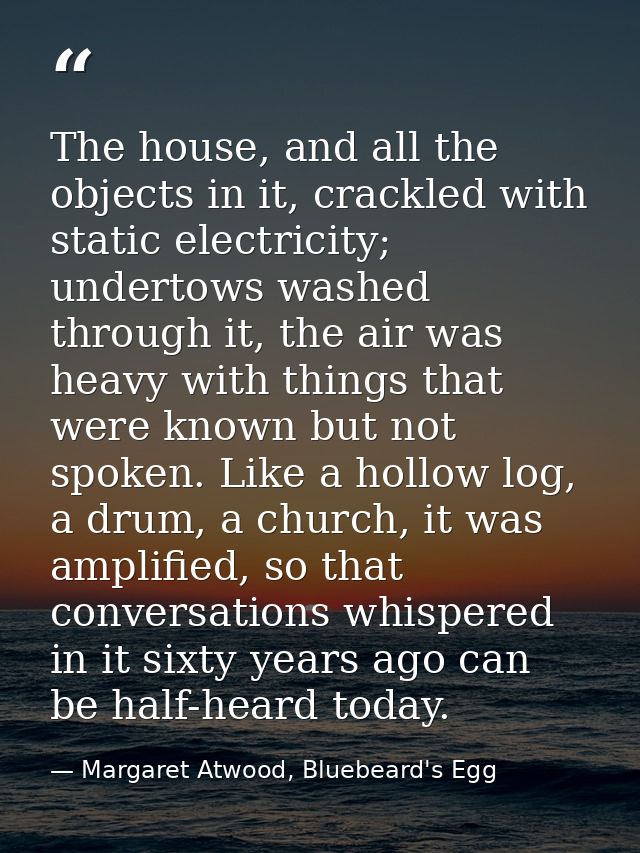 The house, and all the objects in it, crackled with static electricity; undertows washed through it, the air was heavy w — Margaret Atwood, Bluebeard's Egg