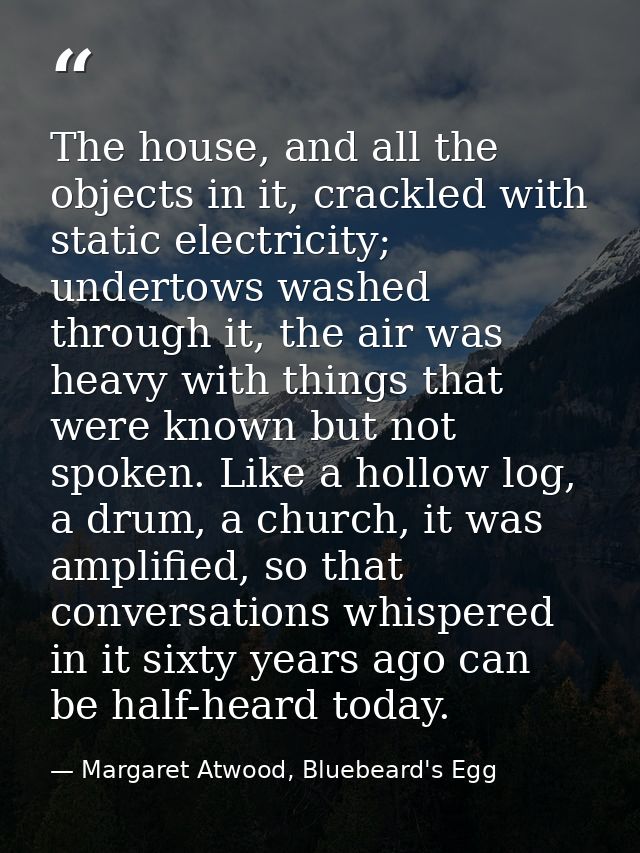 The house, and all the objects in it, crackled with static electricity; undertows washed through it, the air was heavy w — Margaret Atwood, Bluebeard's Egg