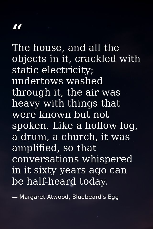 The house, and all the objects in it, crackled with static electricity; undertows washed through it, the air was heavy w — Margaret Atwood, Bluebeard's Egg