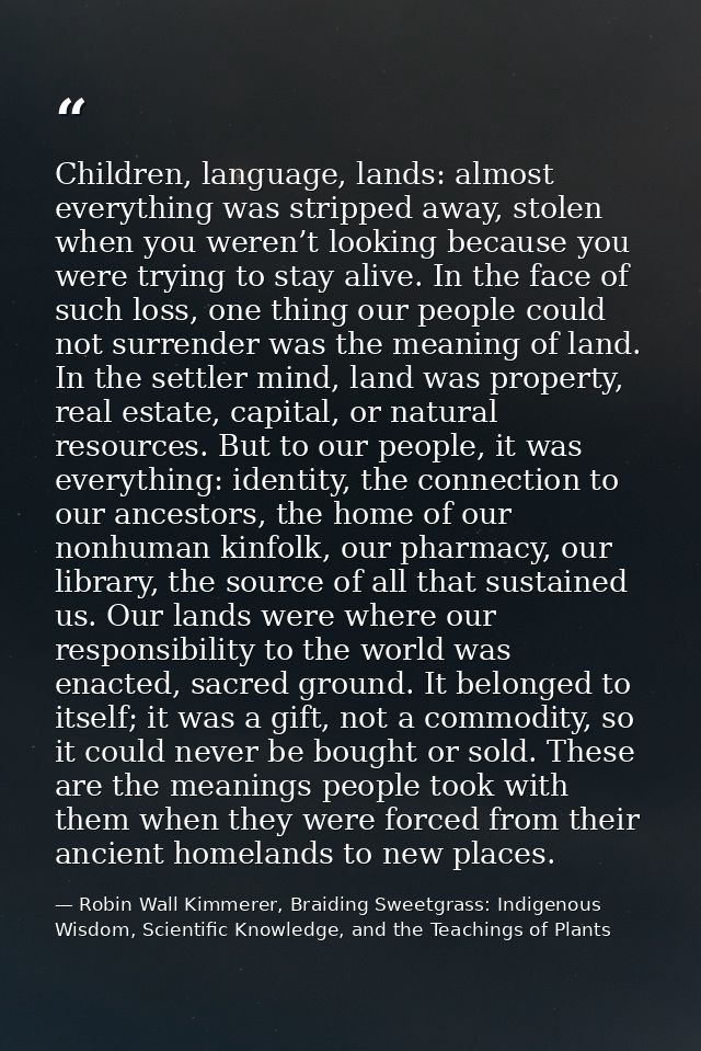 Children, language, lands: almost everything was stripped away, stolen when you weren’t looking because you were trying  — Robin Wall Kimmerer, Braiding Sweetgrass: Indigenous Wisdom, Scientific Knowledge, and the Teachings of Plants