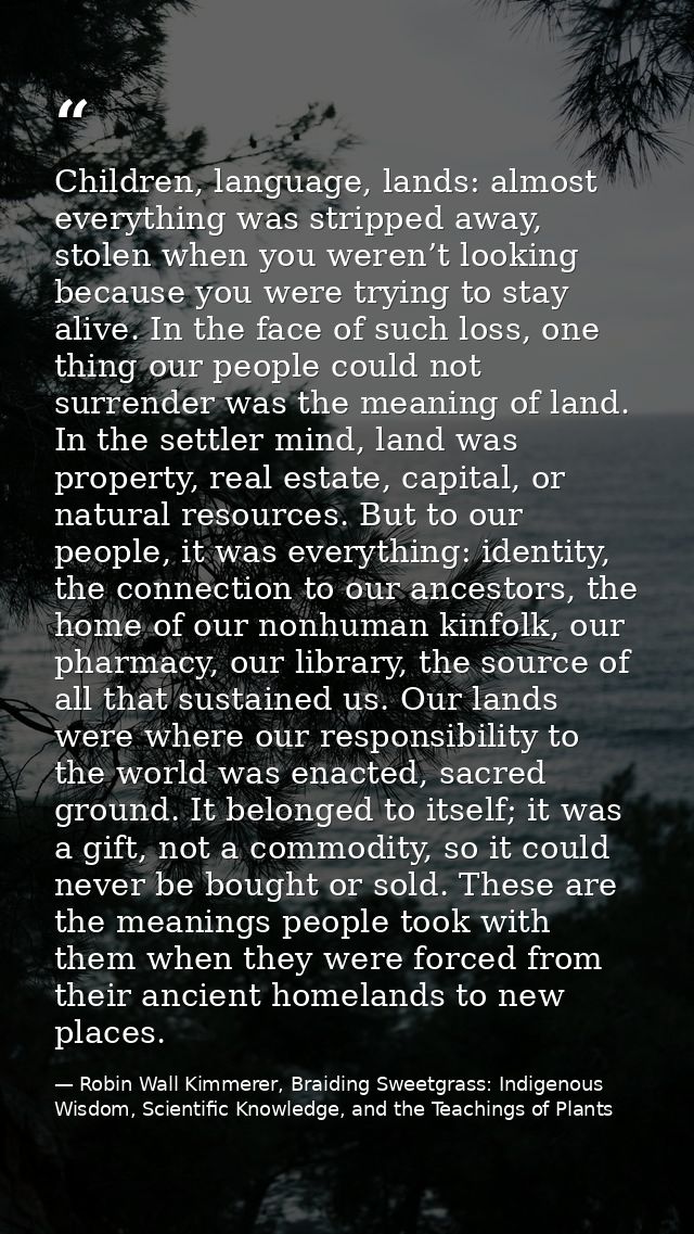 Children, language, lands: almost everything was stripped away, stolen when you weren’t looking because you were trying  — Robin Wall Kimmerer, Braiding Sweetgrass: Indigenous Wisdom, Scientific Knowledge, and the Teachings of Plants