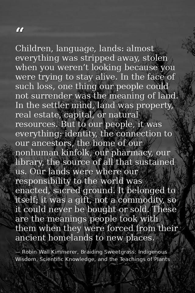 Children, language, lands: almost everything was stripped away, stolen when you weren’t looking because you were trying  — Robin Wall Kimmerer, Braiding Sweetgrass: Indigenous Wisdom, Scientific Knowledge, and the Teachings of Plants
