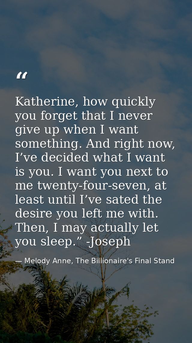 Katherine, how quickly you forget that I never give up when I want something. And right now, I’ve decided what I want is — Melody Anne, The Billionaire's Final Stand