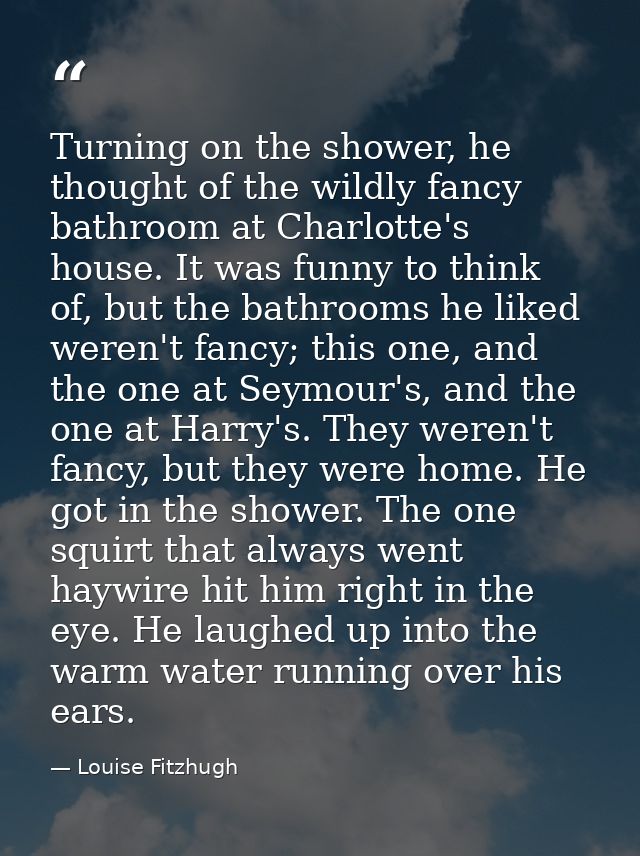 Turning on the shower, he thought of the wildly fancy bathroom at Charlotte's house. It was funny to think of, but the b — Louise Fitzhugh