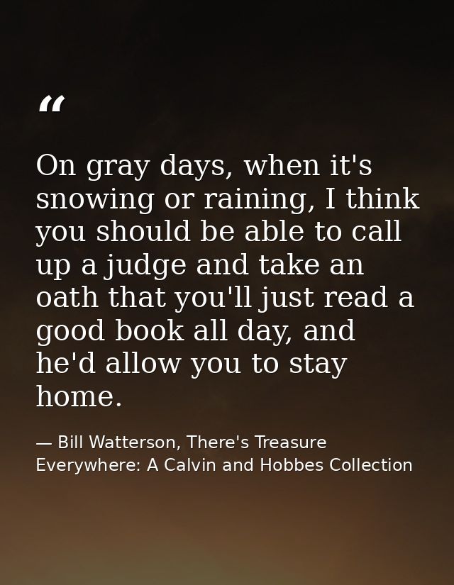 On gray days, when it's snowing or raining, I think you should be able to call up a judge and take an oath that you'll j — Bill Watterson, There's Treasure Everywhere: A Calvin and Hobbes Collection