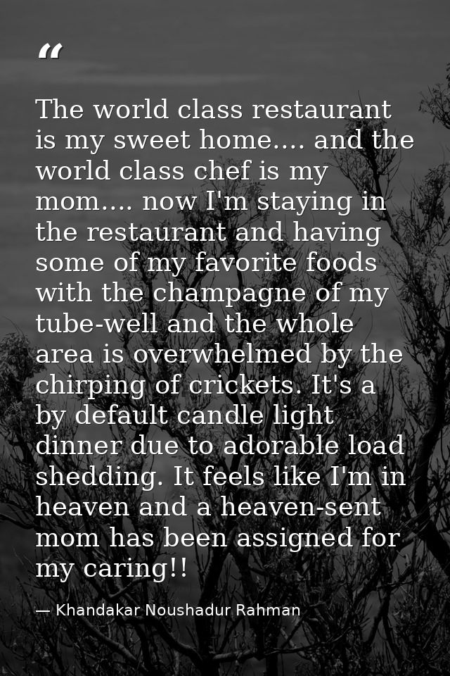 The world class restaurant is my sweet home.... and the world class chef is my mom.... now I'm staying in the restaurant — Khandakar Noushadur Rahman