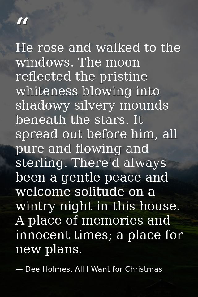 He rose and walked to the windows. The moon reflected the pristine whiteness blowing into shadowy silvery mounds beneath — Dee Holmes, All I Want for Christmas