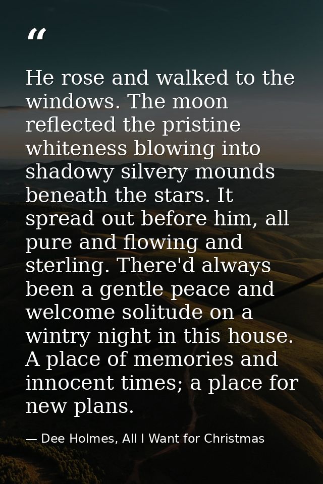 He rose and walked to the windows. The moon reflected the pristine whiteness blowing into shadowy silvery mounds beneath — Dee Holmes, All I Want for Christmas