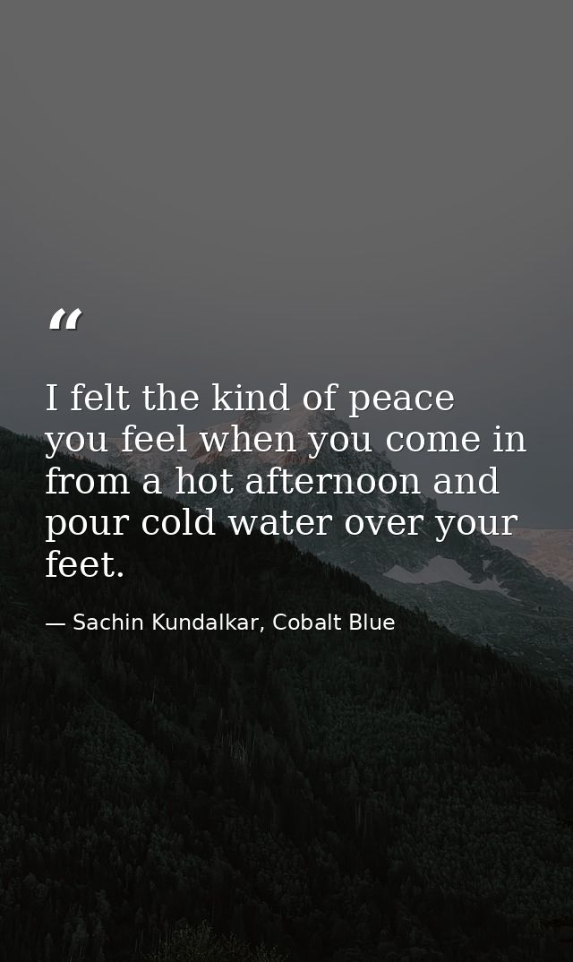 I felt the kind of peace you feel when you come in from a hot afternoon and pour cold water over your feet. — Sachin Kundalkar, Cobalt Blue