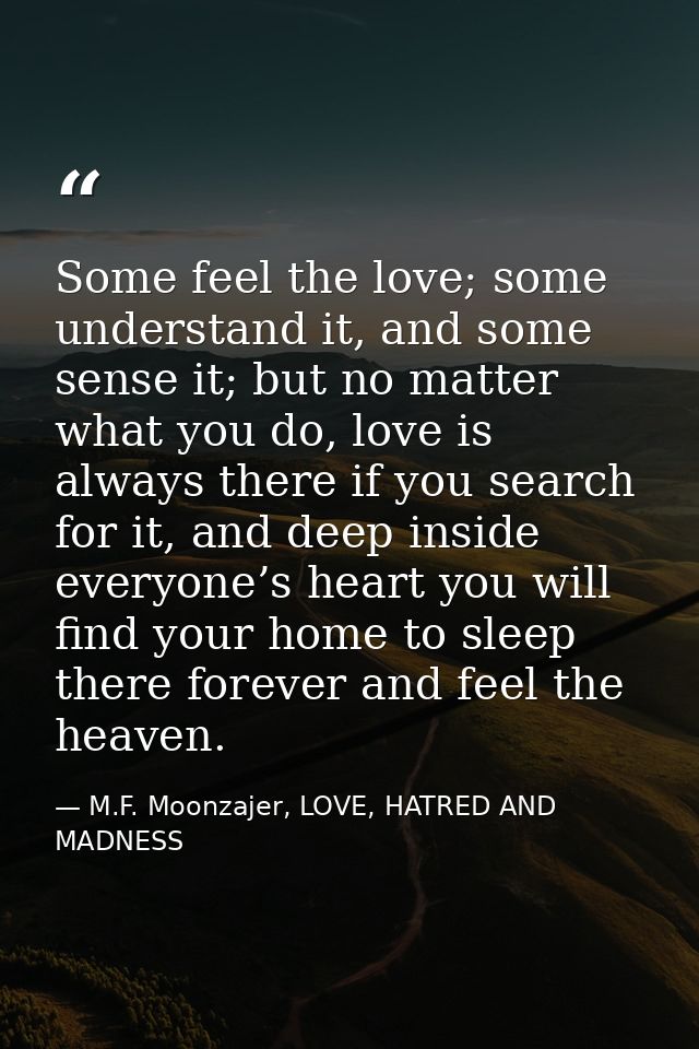 Some feel the love; some understand it, and some sense it; but no matter what you do, love is always there if you search — M.F. Moonzajer, LOVE, HATRED AND MADNESS