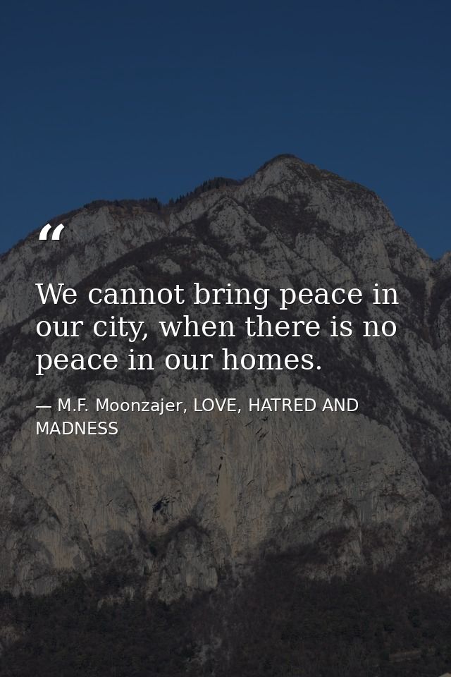 We cannot bring peace in our city, when there is no peace in our homes. — M.F. Moonzajer, LOVE, HATRED AND MADNESS