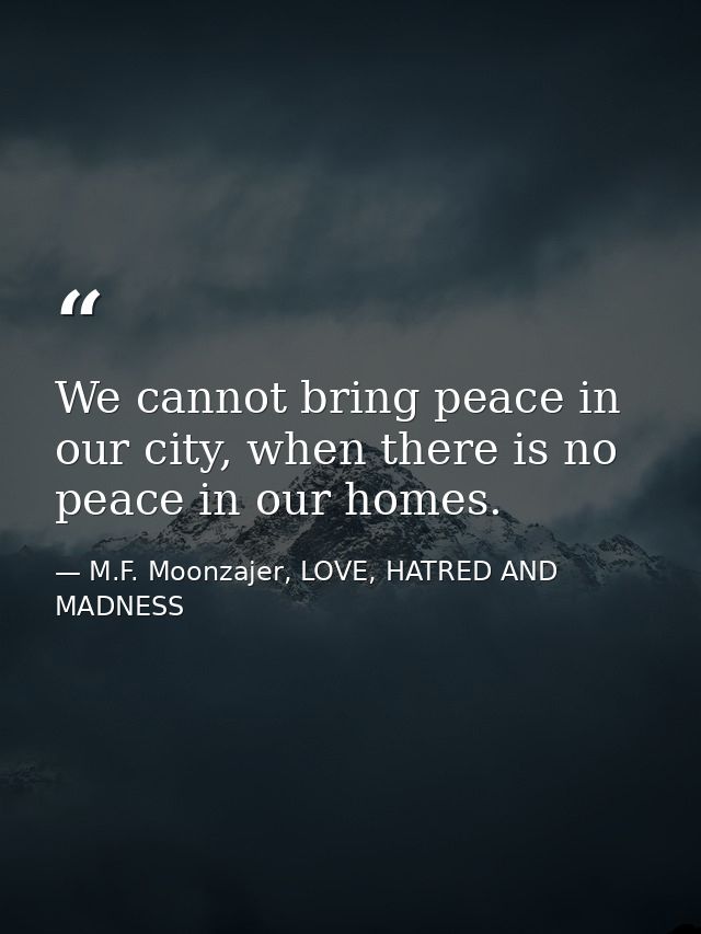 We cannot bring peace in our city, when there is no peace in our homes. — M.F. Moonzajer, LOVE, HATRED AND MADNESS