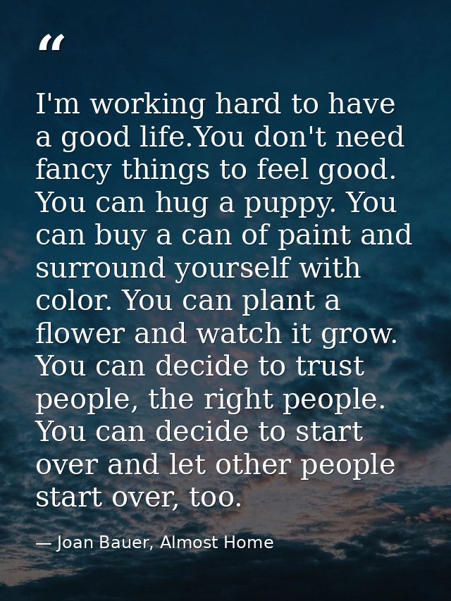 I'm working hard to have a good life.You don't need fancy things to feel good. You can hug a puppy. You can buy a can of — Joan Bauer, Almost Home