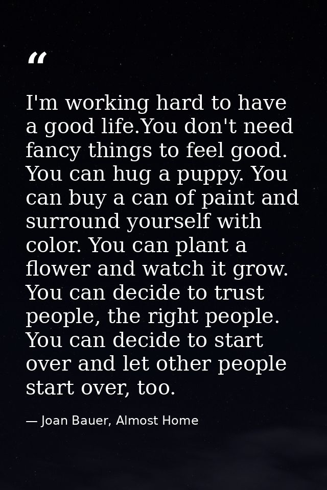 I'm working hard to have a good life.You don't need fancy things to feel good. You can hug a puppy. You can buy a can of — Joan Bauer, Almost Home