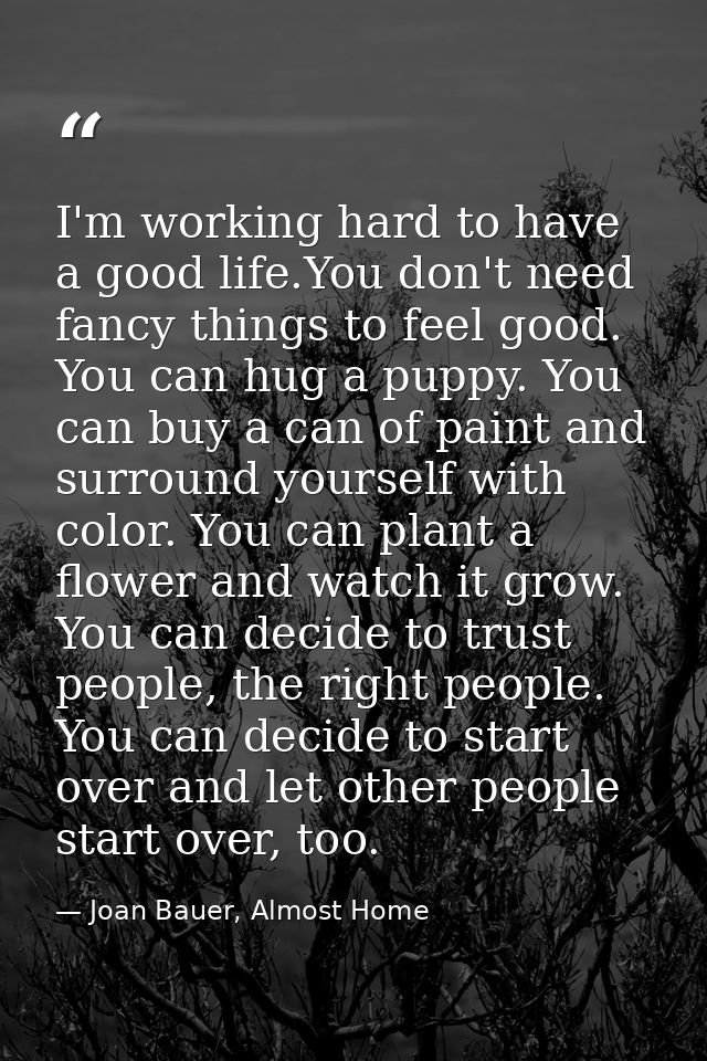 I'm working hard to have a good life.You don't need fancy things to feel good. You can hug a puppy. You can buy a can of — Joan Bauer, Almost Home