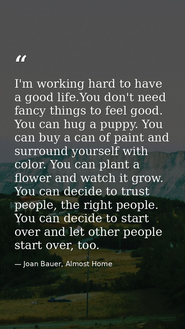I'm working hard to have a good life.You don't need fancy things to feel good. You can hug a puppy. You can buy a can of — Joan Bauer, Almost Home
