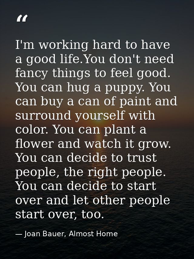I'm working hard to have a good life.You don't need fancy things to feel good. You can hug a puppy. You can buy a can of — Joan Bauer, Almost Home