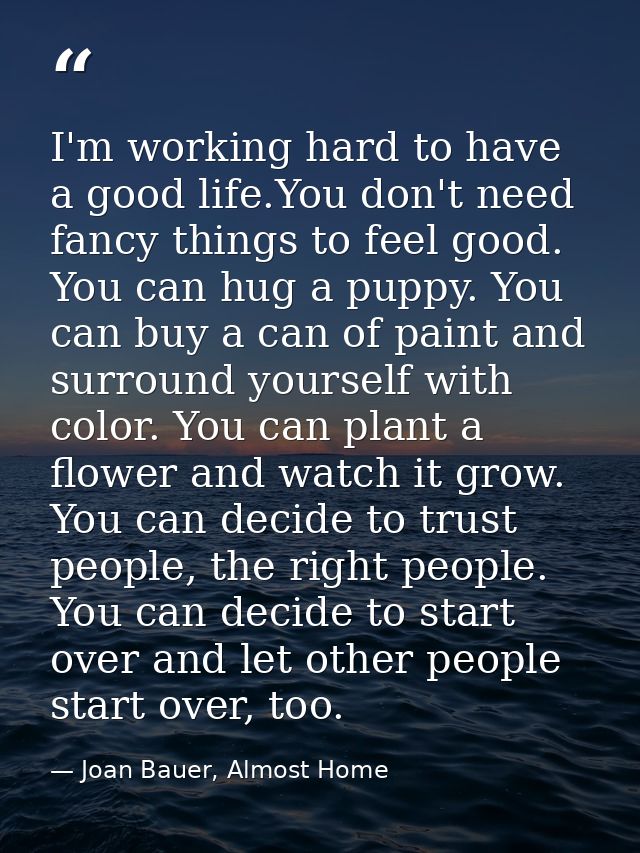 I'm working hard to have a good life.You don't need fancy things to feel good. You can hug a puppy. You can buy a can of — Joan Bauer, Almost Home