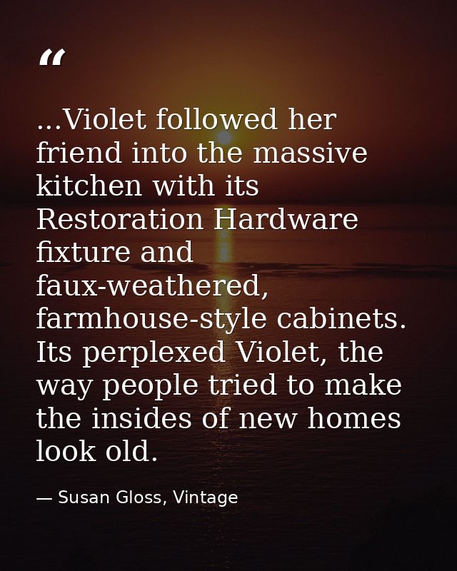 ...Violet followed her friend into the massive kitchen with its Restoration Hardware fixture and faux-weathered, farmhou — Susan Gloss, Vintage