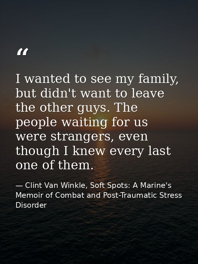 I wanted to see my family, but didn't want to leave the other guys. The people waiting for us were strangers, even thoug — Clint Van Winkle, Soft Spots: A Marine's Memoir of Combat and Post-Traumatic Stress Disorder