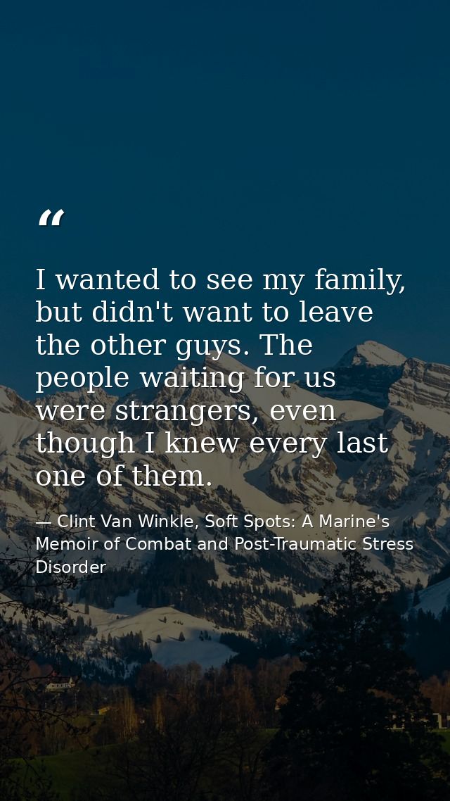 I wanted to see my family, but didn't want to leave the other guys. The people waiting for us were strangers, even thoug — Clint Van Winkle, Soft Spots: A Marine's Memoir of Combat and Post-Traumatic Stress Disorder