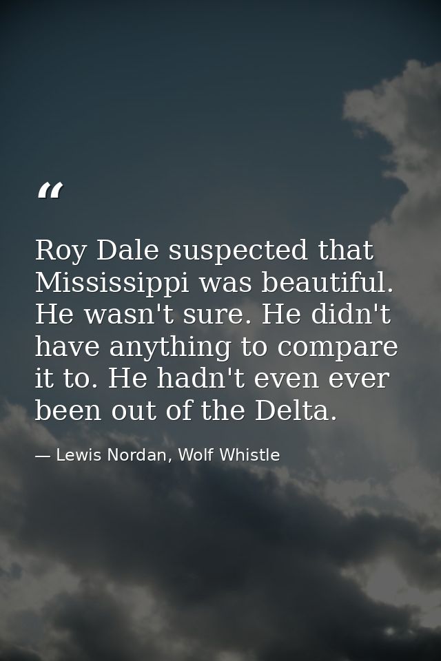 Roy Dale suspected that Mississippi was beautiful. He wasn't sure. He didn't have anything to compare it to. He hadn't e — Lewis Nordan, Wolf Whistle