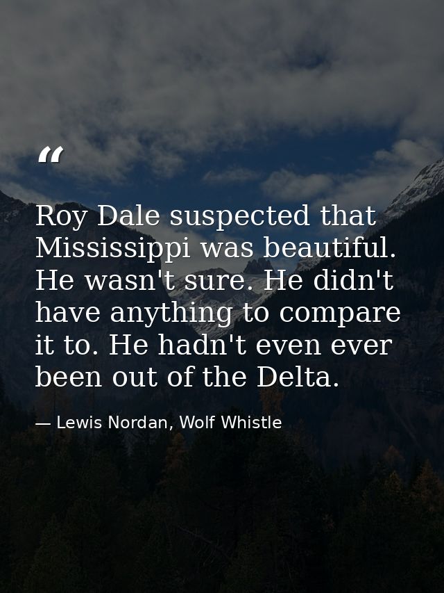 Roy Dale suspected that Mississippi was beautiful. He wasn't sure. He didn't have anything to compare it to. He hadn't e — Lewis Nordan, Wolf Whistle