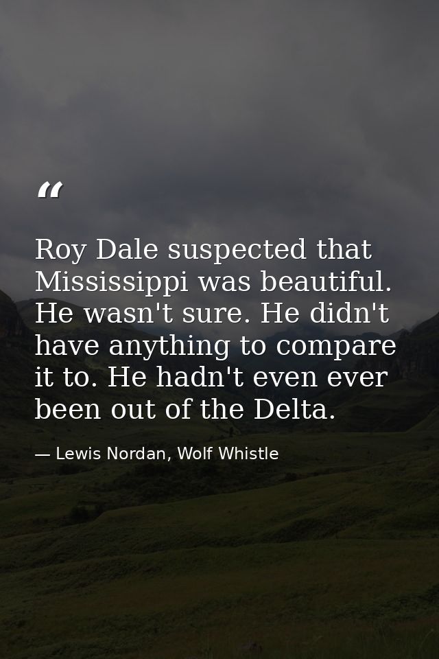 Roy Dale suspected that Mississippi was beautiful. He wasn't sure. He didn't have anything to compare it to. He hadn't e — Lewis Nordan, Wolf Whistle