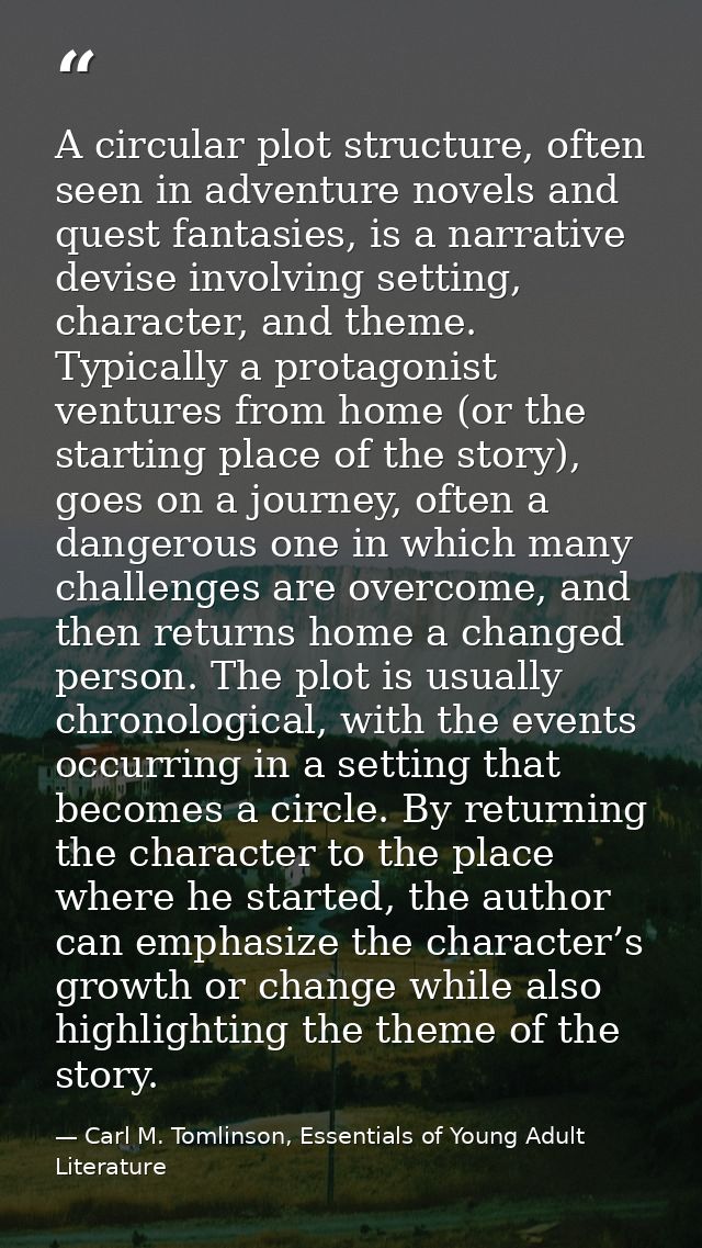 A circular plot structure, often seen in adventure novels and quest fantasies, is a narrative devise involving setting,  — Carl M. Tomlinson, Essentials of Young Adult Literature