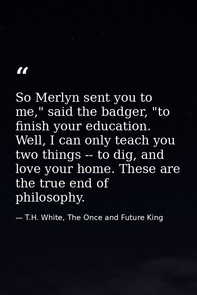 So Merlyn sent you to me," said the badger, "to finish your education. Well, I can only teach you two things -- to dig,  — T.H. White, The Once and Future King