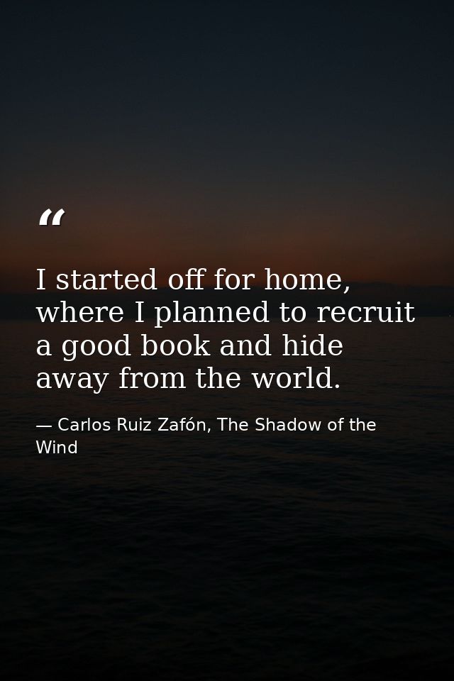 I started off for home, where I planned to recruit a good book and hide away from the world. — Carlos Ruiz Zafón, The Shadow of the Wind