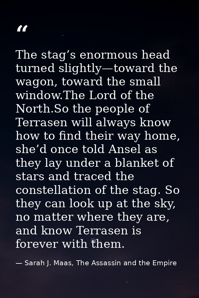The stag’s enormous head turned slightly—toward the wagon, toward the small window.The Lord of the North.So the people o — Sarah J. Maas, The Assassin and the Empire
